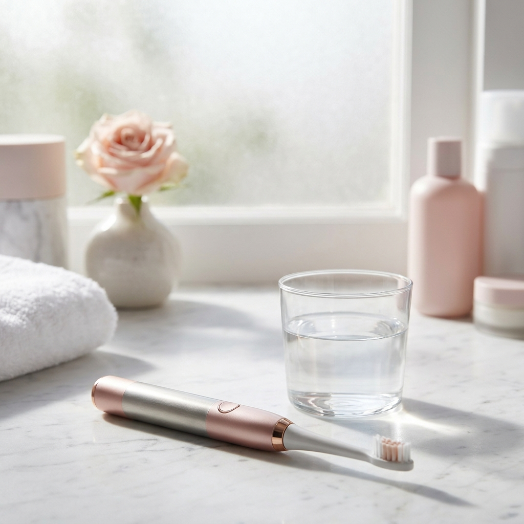 LumaGlow toothbrush lifestyle on bathroom counter
