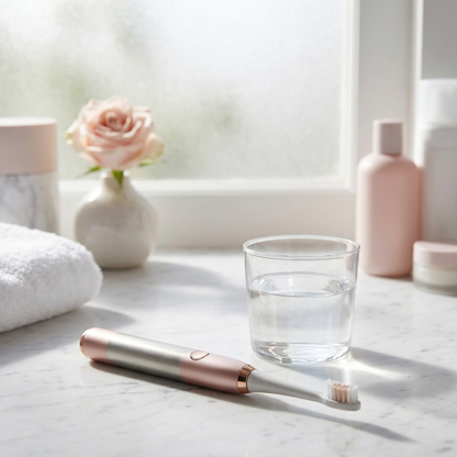 LumaGlow toothbrush lifestyle on bathroom counter